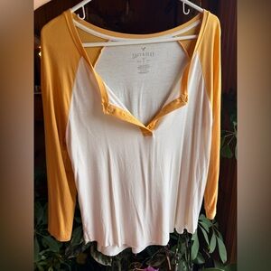 American Eagle 3/4 Length Ringer Tee Soft & Sexy White Yellow Size Small